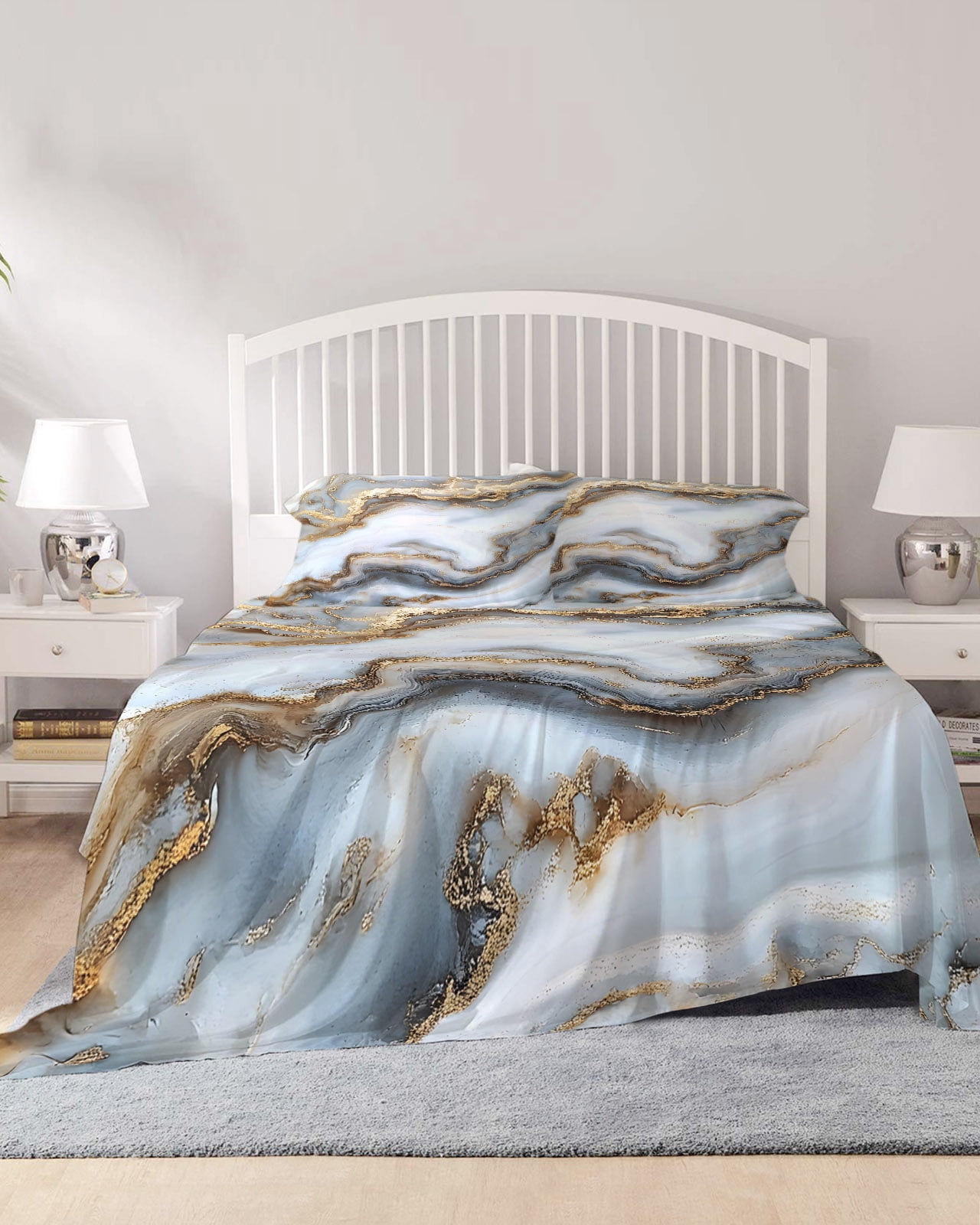 4 Piece Queen Sheet Set Modern White Gold Sheets Set for Queen Size Bed ...