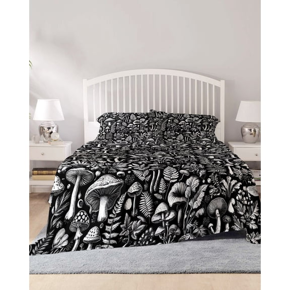 4 Piece Queen Sheet Set Mushroom Black Sheets Set for Queen Size Bed, Breathable Soft Microfiber Bed Sheets Cooling Vintage Botanical Plant Herb Ferns Flower Fitted Sheet Deep Pocket, Pillowcases