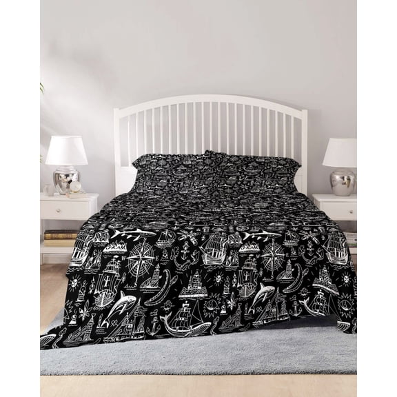 4 Piece Queen Sheet Set Nautical Black Sheets Set for Queen Size Bed, Breathable Soft Microfiber Bed Sheets Cooling Anchor Rudder Compass Sailing Boat Fitted Sheet Deep Pocket, Pillowcases