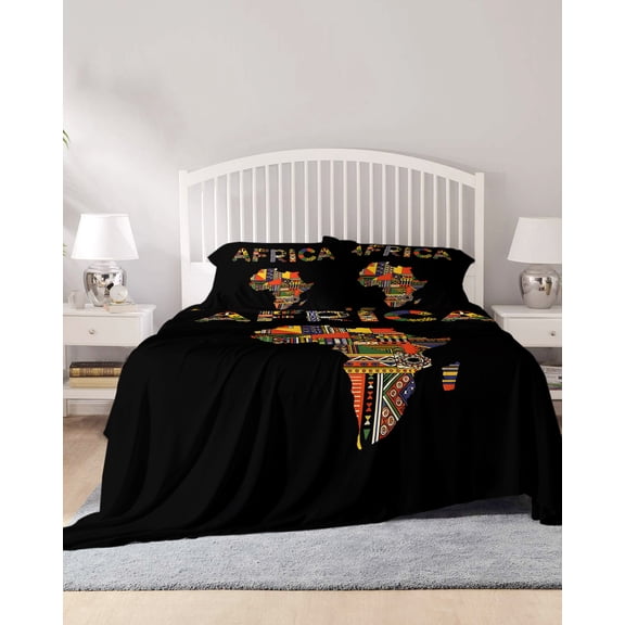 4 Piece Queen Sheet Set North America Sheets Set for Queen Size Bed, Breathable Soft Microfiber Bed Sheets Cooling Colorful Maps Boho Ethnic Patterned Art Fitted Sheet Deep Pocket, Pillowcases