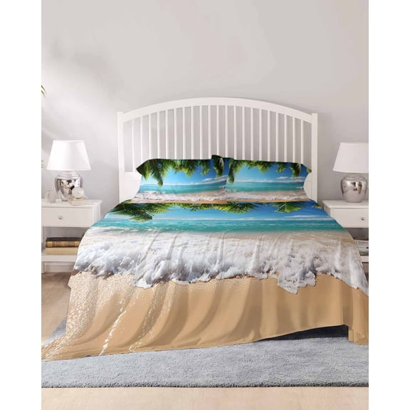 4 Piece Queen Sheet Set Ocean Beach Sheets Set for Queen Size Bed, Breathable Soft Microfiber Bed Sheets Cooling Palm Trees Summer Tropical Island Seaside Fitted Sheet Deep Pocket, Pillowcases