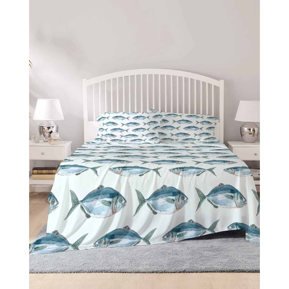 4 Piece Queen Sheet Set Ocean Fishes Sheets Set for Queen Size Bed, Breathable Soft Microfiber Bed Sheets Cooling Summer Watercolor Coastal Marine Animals Fitted Sheet Deep Pocket, Pillowcases