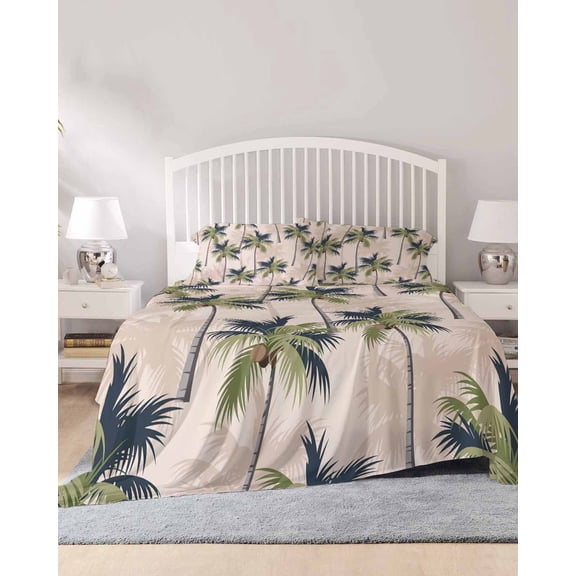 4 Piece Queen Sheet Set Palm Tree Sheets Set for Queen Size Bed, Breathable Soft Microfiber Bed Sheets Cooling Tropical Coconut Botanical Summer Seaside Fitted Sheet Deep Pocket, Pillowcases