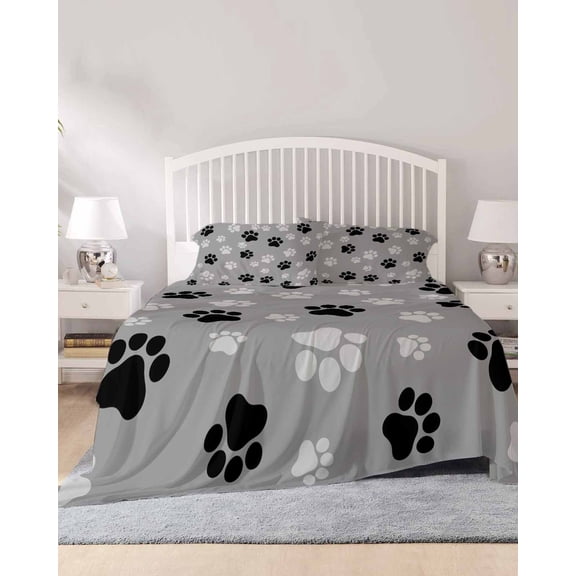 4 Piece Queen Sheet Set Pet Paw Printed Sheets Set for Queen Size Bed, Breathable Soft Microfiber Bed Sheets Cooling Modern Black Grey Watercolor Dog Claws Fitted Sheet Deep Pocket, Pillowcases