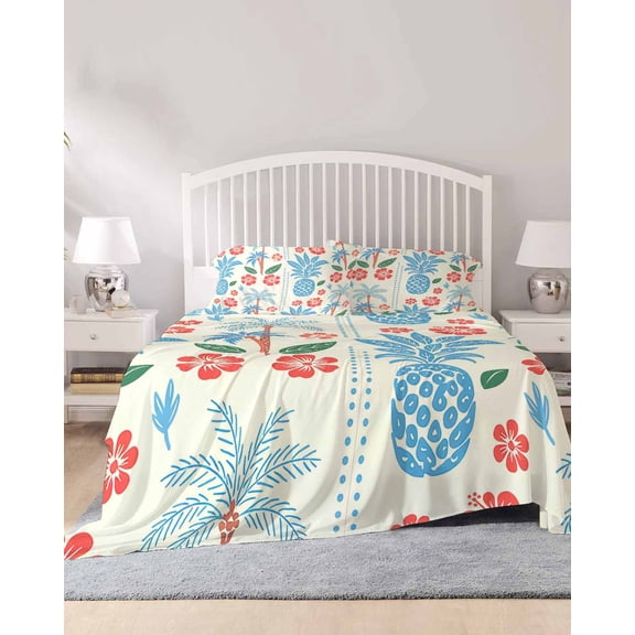 4 Piece Queen Sheet Set Pineapple Flowers Sheets Set for Queen Size Bed, Breathable Soft Microfiber Bed Sheets Cooling Blue Red Tropical Botanical Palm Fitted Sheet Deep Pocket, Pillowcases