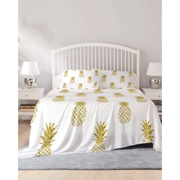 4 Piece Queen Sheet Set Pineapple Sheets Set for Queen Size Bed, Breathable Soft Microfiber Bed Sheets Cooling Modern Abstract Yellow Fruits Textured Fitted Sheet Deep Pocket, Pillowcases
