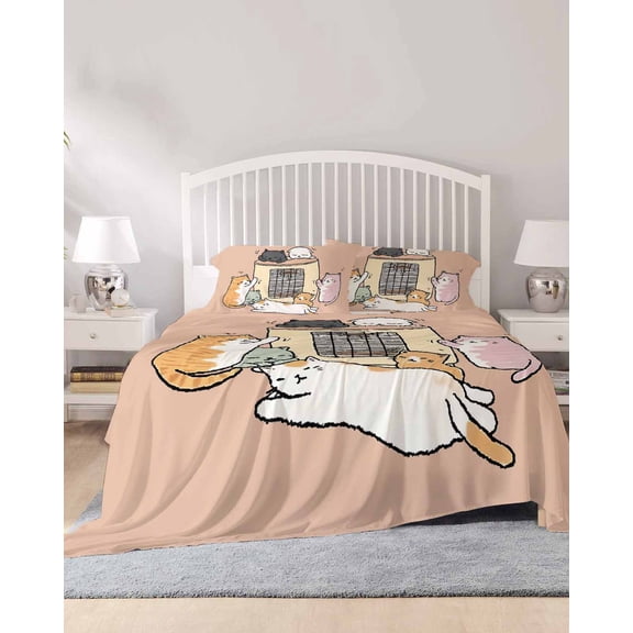 4 Piece Queen Sheet Set Pink Brown Cute Cat Sheets Set for Queen Size Bed, Breathable Soft Microfiber Bed Sheets Cooling Cartoon Funny Heater Cats Fitted Sheet Deep Pocket, Pillowcases