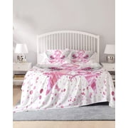 4 Piece Queen Sheet Set Pink Ribbon Wings Sheets Set for Queen Size Bed, Breathable Soft Microfiber Bed Sheets Cooling Bows Flowers Love Heart Abstract Fitted Sheet Deep Pocket, Pillowcases
