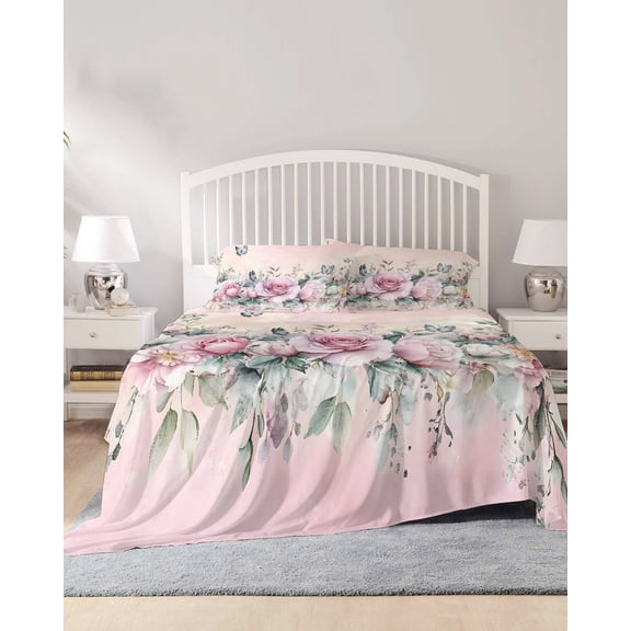 4 Piece Queen Sheet Set Pink Roses Floral Sheets Set for Queen Size Bed, Breathable Soft Microfiber Bed Sheets Cooling Vintage Romance Botanical Flowers Fitted Sheet Deep Pocket, Pillowcases