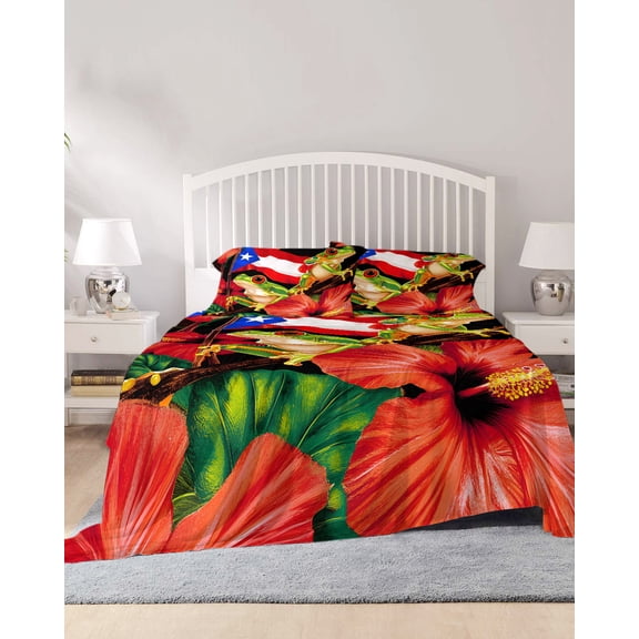 4 Piece Queen Sheet Set Puerto Rico Flag Sheets Set for Queen Size Bed, Breathable Soft Microfiber Bed Sheets Cooling Frog Red Flower Summer Leaf Fitted Sheet Deep Pocket, Pillowcases