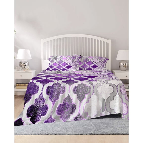 4 Piece Queen Sheet Set Purple Morocco Sheets Set for Queen Size Bed, Breathable Soft Microfiber Bed Sheets Cooling Rustic Country Smear Street Mottled Art Fitted Sheet Deep Pocket, Pillowcases