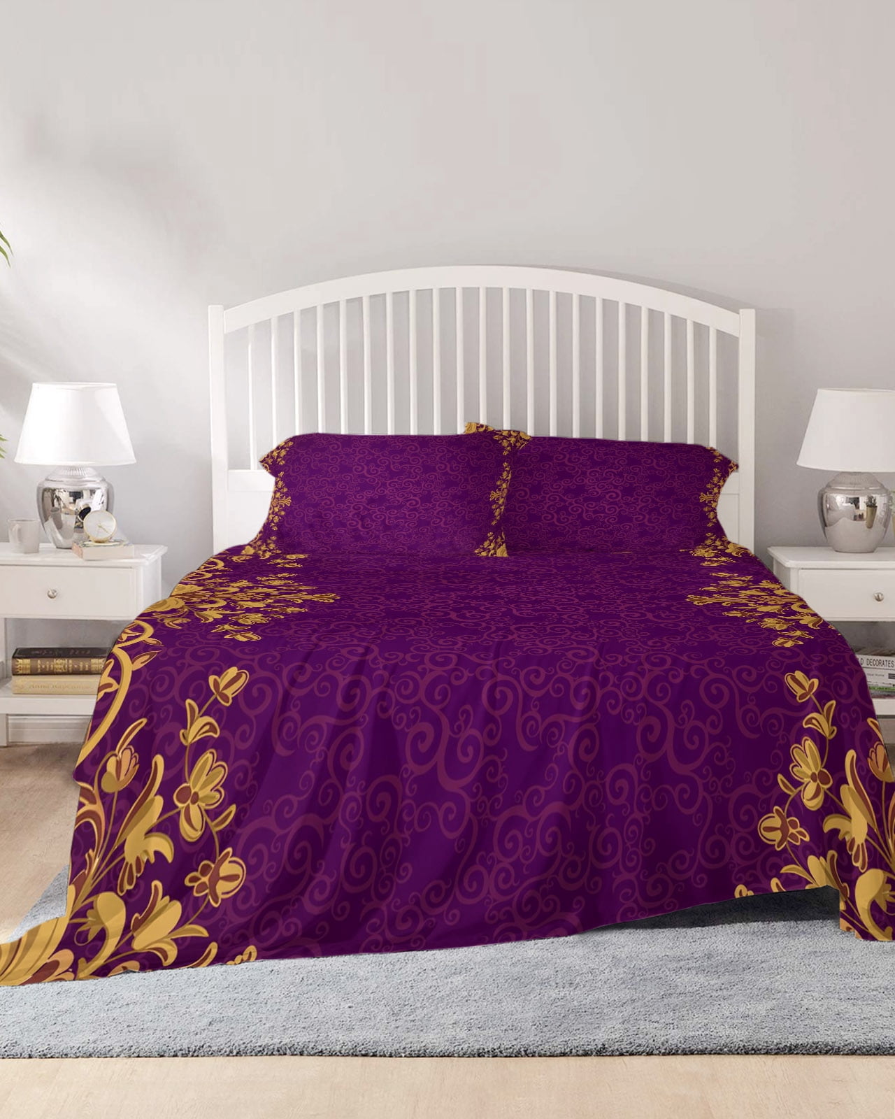 4 Piece Queen Sheet Set Purple Orange Floral Sheets Set for Queen Size ...