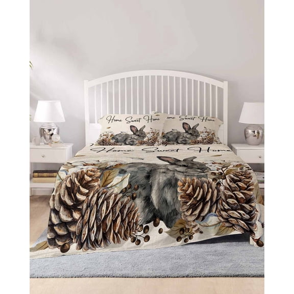 4 Piece Queen Sheet Set Rabbits Pine Cone Sheets Set for Queen Size Bed, Breathable Soft Microfiber Bed Sheets Cooling Sweet Home Texture Rustic Leaf Retro Beige Fitted Sheet Deep Pocket, Pillowcases
