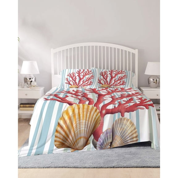 4 Piece Queen Sheet Set Red Coral Sheets Set for Queen Size Bed, Breathable Soft Microfiber Bed Sheets Cooling Coastal Shell Summer Beach Stripe Nautical Fitted Sheet Deep Pocket, Pillowcases