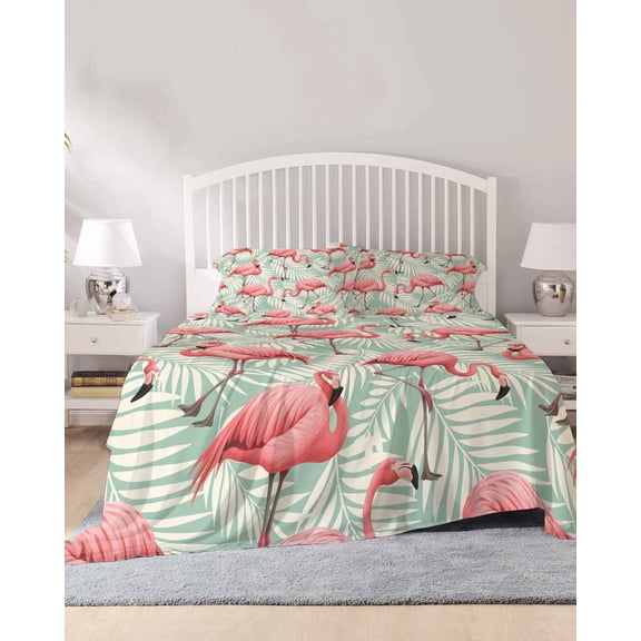4 Piece Queen Sheet Set Red Flamingo Sheets Set for Queen Size Bed, Breathable Soft Microfiber Bed Sheets Cooling Summer Tropical Plants Leaves Botanical Green Fitted Sheet Deep Pocket, Pillowcases