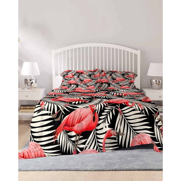 4 Piece Queen Sheet Set Red Flamingo Sheets Set for Queen Size Bed, Breathable Soft Microfiber Bed Sheets Cooling Summer Tropical Plants Leaves Botanical Black Fitted Sheet Deep Pocket, Pillowcases