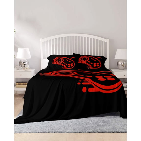 4 Piece Queen Sheet Set Red Game Controller Sheets Set for Queen Size Bed, Breathable Soft Microfiber Bed Sheets Cooling Modern Art Gaming Handheld Black Fitted Sheet Deep Pocket, Pillowcases