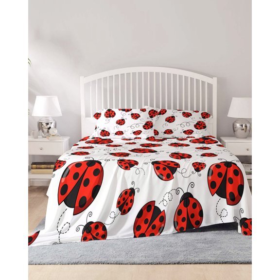 4 Piece Queen Sheet Set Red Ladybugs Sheets Set for Queen Size Bed, Breathable Soft Microfiber Bed Sheets Cooling Animal Themed Spring Summer Rustic Fitted Sheet Deep Pocket, Pillowcases
