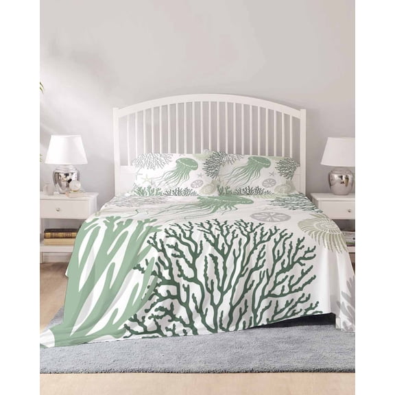 4 Piece Queen Sheet Set Sage Green Coastal Sheets Set for Queen Size Bed, Breathable Soft Microfiber Bed Sheets Cooling Coral Jellyfish Nautical Fitted Sheet Deep Pocket, Pillowcases