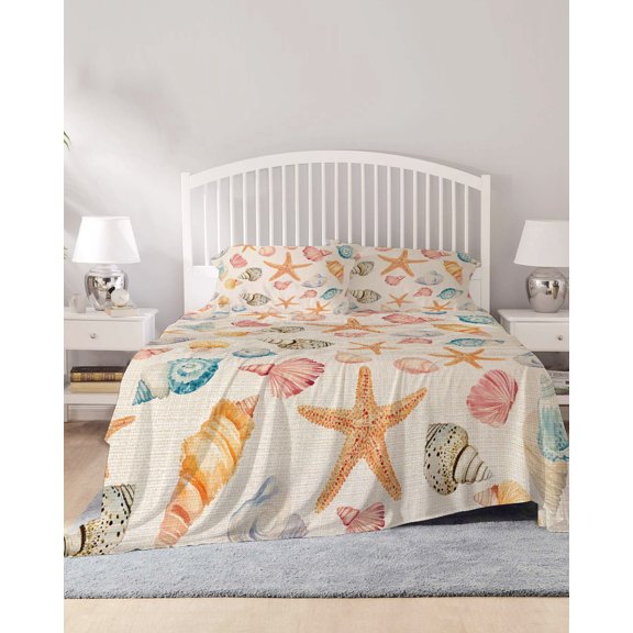 4 Piece Queen Sheet Set Shell Starfish Coastal Sheets Set for Queen Size Bed, Breathable Soft Microfiber Bed Sheets Cooling Summer Beach Ocean Burlap Fitted Sheet Deep Pocket, Pillowcases