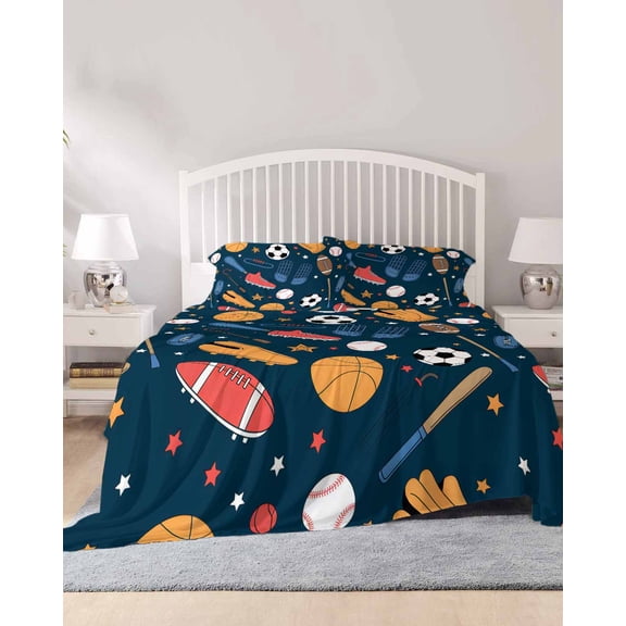 4 Piece Queen Sheet Set Sports Theme Sheets Set for Queen Size Bed, Breathable Soft Microfiber Bed Sheets Cooling Cartoon Soccer Baseball Basketball Star Blue Fitted Sheet Deep Pocket, Pillowcases