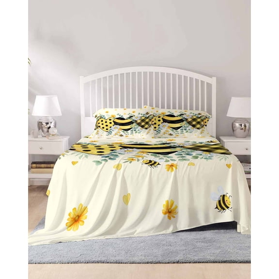 4 Piece Queen Sheet Set Spring Bee Love Sheets Set for Queen Size Bed, Breathable Soft Microfiber Bed Sheets Cooling Yellow Daisy Eucalyptus Leaves Rustic Fitted Sheet Deep Pocket, Pillowcases
