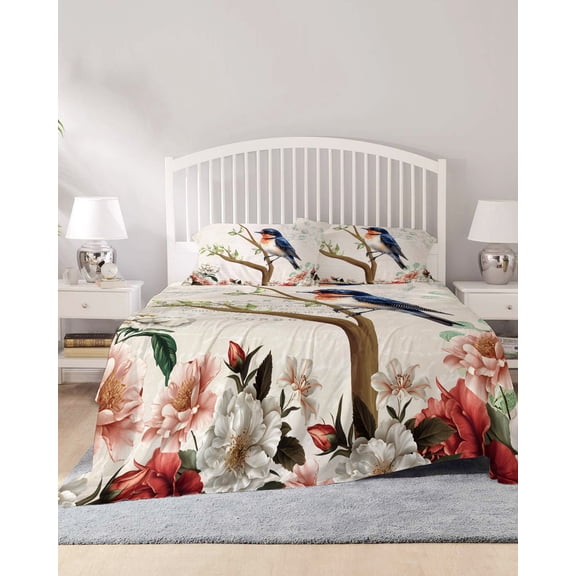 4 Piece Queen Sheet Set Spring Bird Branch Sheets Set for Queen Size Bed, Breathable Soft Microfiber Bed Sheets Cooling Farmhouse Vintage Botanical Floral Fitted Sheet Deep Pocket, Pillowcases