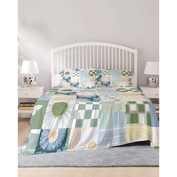 4 Piece Queen Sheet Set Spring Floral Checkered Sheets Set for Queen Size Bed, Breathable Soft Microfiber Bed Sheets Cooling Sage Green Daisy Buffalo Plaid Fitted Sheet Deep Pocket, Pillowcases