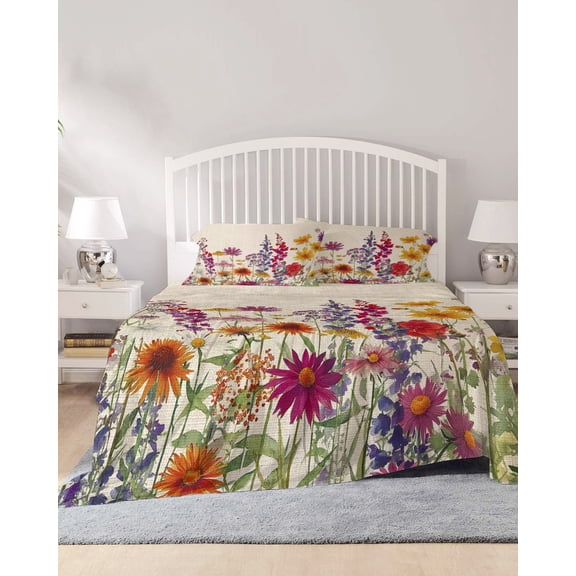 4 Piece Queen Sheet Set Spring Floral Sheets Set for Queen Size Bed, Breathable Soft Microfiber Bed Sheets Cooling Watercolor Lavender Daisy Flowers Plants Beige Fitted Sheet Deep Pocket, Pillowcases