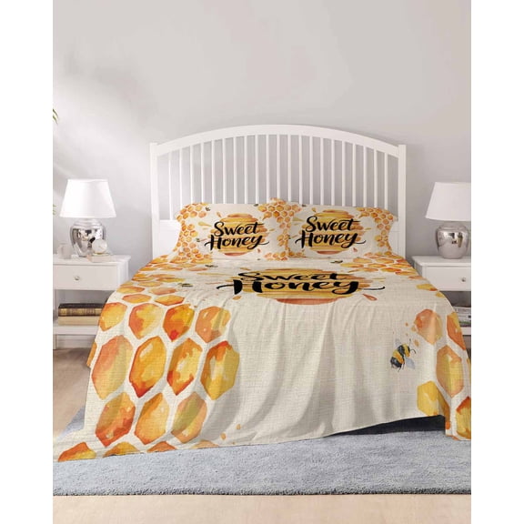 4 Piece Queen Sheet Set Spring Honey Bee Sheets Set for Queen Size Bed, Breathable Soft Microfiber Bed Sheets Cooling Watercolor Bee Farmhouse Fitted Sheet Deep Pocket, Pillowcases