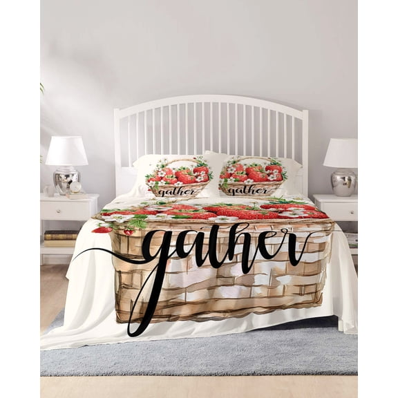 4 Piece Queen Sheet Set Strawberry Sheets Set for Queen Size Bed, Breathable Soft Microfiber Bed Sheets Cooling Summer Fruits Basket Botanical Floral Fitted Sheet Deep Pocket, Pillowcases
