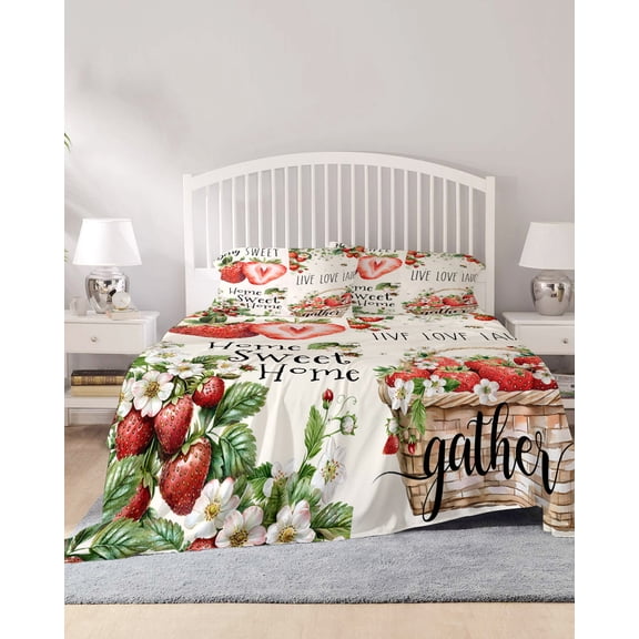 4 Piece Queen Sheet Set Strawberry Sheets Set for Queen Size Bed, Breathable Soft Microfiber Bed Sheets Cooling Summer Fruits Green Botanical Floral Fitted Sheet Deep Pocket, Pillowcases