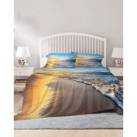 4 Piece Queen Sheet Set Summer Beach Sheets Set for Queen Size Bed, Breathable Soft Microfiber Bed Sheets Cooling Sunset Ocean Coastal Nautical Fitted Sheet Deep Pocket, Pillowcases
