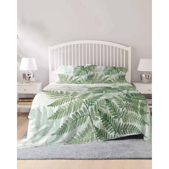4 Piece Queen Sheet Set Summer Botanical Sheets Set for Queen Size Bed, Breathable Soft Microfiber Bed Sheets Cooling Green Palm Leaves Tropical Plant Fitted Sheet Deep Pocket, Pillowcases