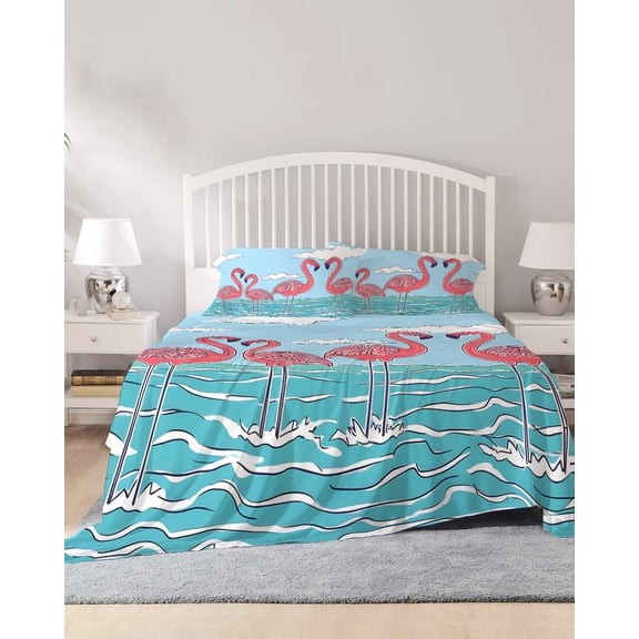 4 Piece Queen Sheet Set Summer Cute Flamingo Sheets Set for Queen Size Bed, Breathable Soft Microfiber Bed Sheets Cooling Cartoon Animal Cloud Blue Sky Fitted Sheet Deep Pocket, Pillowcases