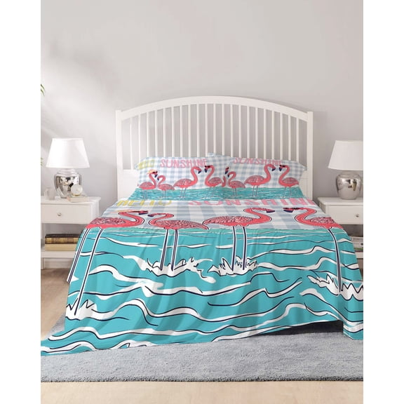 4 Piece Queen Sheet Set Summer Cute Flamingo Sheets Set for Queen Size Bed, Breathable Soft Microfiber Bed Sheets Cooling Cartoon Animal Grey Check Plaid Fitted Sheet Deep Pocket, Pillowcases