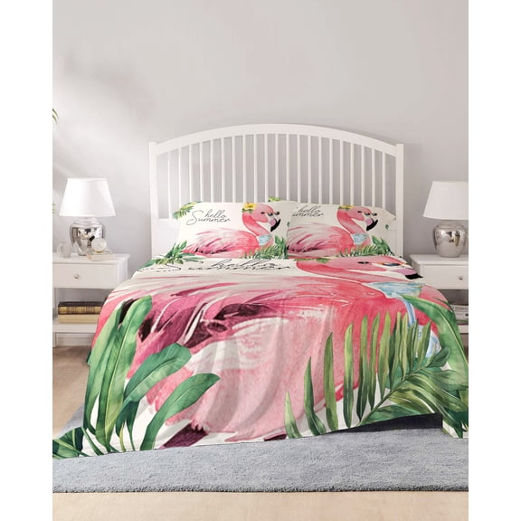 4 Piece Queen Sheet Set Summer Green Palm Leaf Sheets Set for Queen Size Bed, Breathable Soft Microfiber Bed Sheets Cooling Pink Flamingo Tropical Plant Fitted Sheet Deep Pocket, Pillowcases