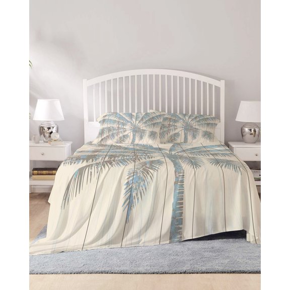 4 Piece Queen Sheet Set Summer Palm Trees Sheets Set for Queen Size Bed, Breathable Soft Microfiber Bed Sheets Cooling Tropical Plants Vintage Wood Grain Fitted Sheet Deep Pocket, Pillowcases