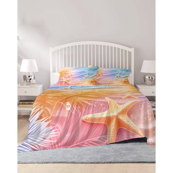 4 Piece Queen Sheet Set Summer Tropical Palm Leaves Sheets Set for Queen Size Bed, Breathable Soft Microfiber Bed Sheets Cooling Beach Starfish Coastal Fitted Sheet Deep Pocket, Pillowcases