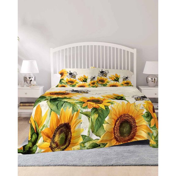 4 Piece Queen Sheet Set Sunflower Leaves Sheets Set for Queen Size Bed, Breathable Soft Microfiber Bed Sheets Cooling Bee Spring Retro Farmhouse Fitted Sheet Deep Pocket, Pillowcases