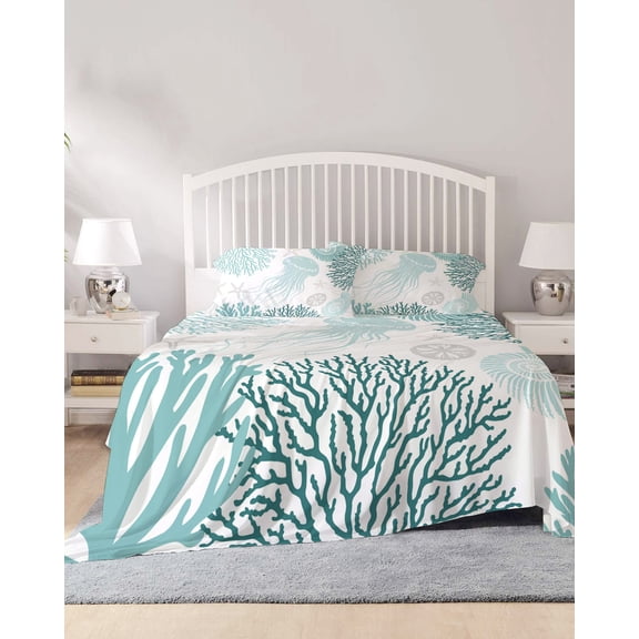 4 Piece Queen Sheet Set Teal Green Coastal Sheets Set for Queen Size Bed, Breathable Soft Microfiber Bed Sheets Cooling Coral Jellyfish Nautical Fitted Sheet Deep Pocket, Pillowcases