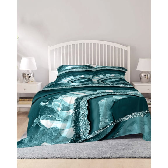 4 Piece Queen Sheet Set Teal Marble Sheets Set for Queen Size Bed, Breathable Soft Microfiber Bed Sheets Cooling Vintage Vintage Chic Abstract Texture Fitted Sheet Deep Pocket, Pillowcases