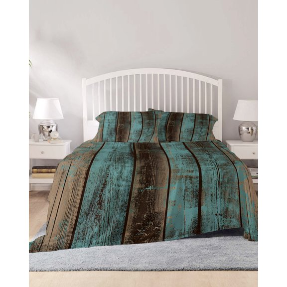 4 Piece Queen Sheet Set Teal Wood Grain Sheets Set for Queen Size Bed, Breathable Soft Microfiber Bed Sheets Cooling Gradient Farm Old Wooden Board Vintage Fitted Sheet Deep Pocket, Pillowcases