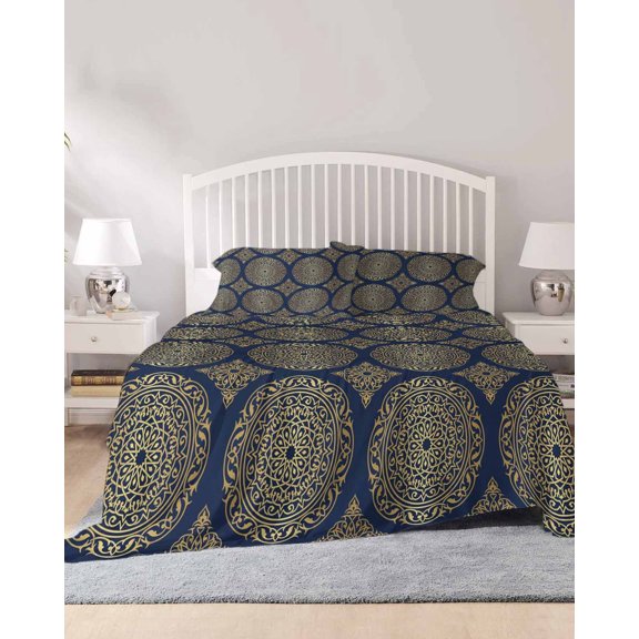 4 Piece Queen Sheet Set Traditional Tribe Sheets Set for Queen Size Bed, Breathable Soft Microfiber Bed Sheets Cooling Retro Rustic Morocco Pattern Fitted Sheet Deep Pocket, Pillowcases