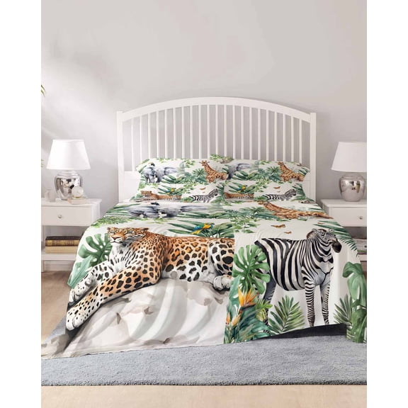 4 Piece Queen Sheet Set Tropical Animals Sheets Set for Queen Size Bed, Breathable Soft Microfiber Bed Sheets Cooling Summer Elephant Giraffe Leopard Zebra Fitted Sheet Deep Pocket, Pillowcases