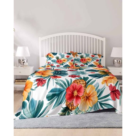 4 Piece Queen Sheet Set Tropical Leaves Floral Sheets Set for Queen Size Bed, Breathable Soft Microfiber Bed Sheets Cooling Summer Pineapple Flowers Fitted Sheet Deep Pocket, Pillowcases