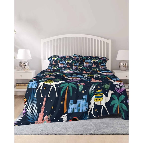 4 Piece Queen Sheet Set Tropical Palm Trees Sheets Set for Queen Size Bed, Breathable Soft Microfiber Bed Sheets Cooling Desert Camels Houses Aloe Vera Black Fitted Sheet Deep Pocket, Pillowcases