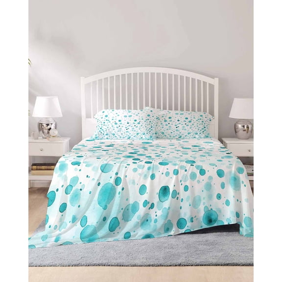 4 Piece Queen Sheet Set Turquoise Polka Dot Sheets Set for Queen Size Bed, Breathable Soft Microfiber Bed Sheets Cooling Modern Art Abstract Watercolor Dot Fitted Sheet Deep Pocket, Pillowcases