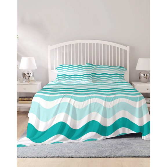 4 Piece Queen Sheet Set Turquoise Striped Ombre Sheets Set for Queen Size Bed, Breathable Soft Bed Sheets Cooling Geometric Modern Gradient Ocean White Fitted Sheet Deep Pocket, Pillowcases