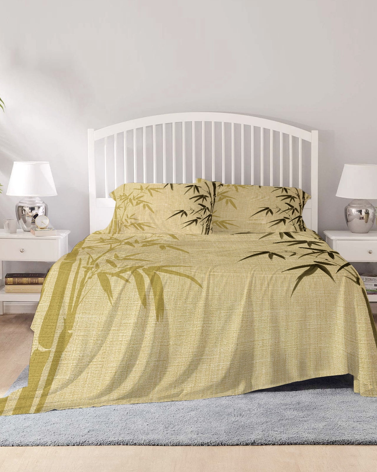 4 Piece Queen Sheet Set Vintage Bamboos Sheets Set for Queen Size Bed, Breathable Soft Microfiber Bed Sheets Cooling Ink Painting Retro Art Rustic Fitted Sheet Deep Pocket, Pillowcases